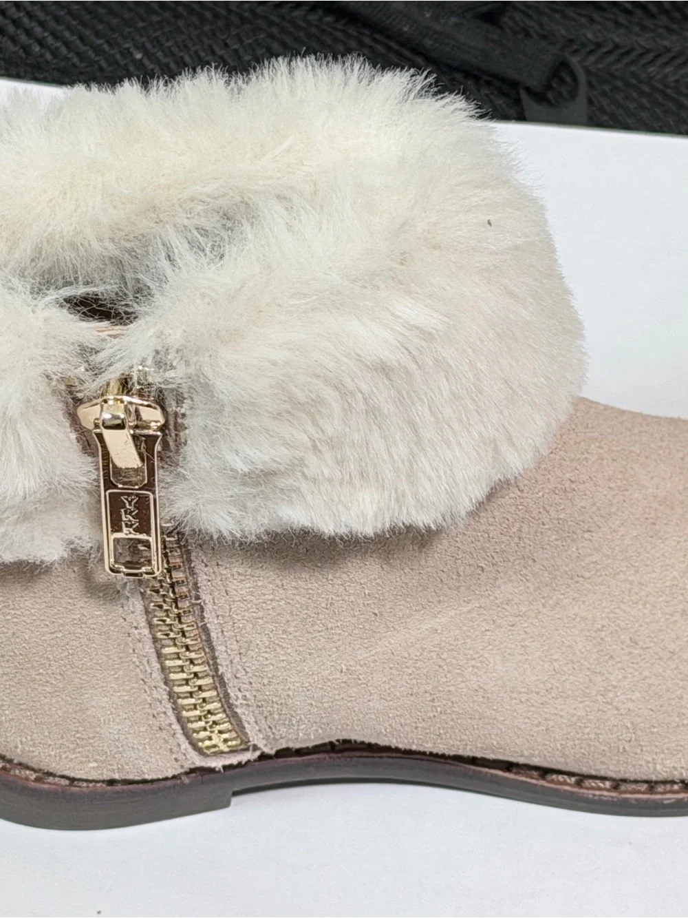 Janie and Jack Light Khaki Faux Fur Cuff Ankle Boots with Gold Zipper